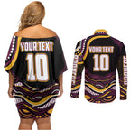 Personalized Brisbane Broncos Couples Matching Off Shoulder Short Dress and Long Sleeve Button Shirt Aboriginal Dot Art - Dreamtime Rugby Mascot