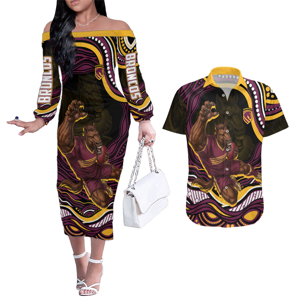 Personalized Brisbane Broncos Couples Matching Off The Shoulder Long Sleeve Dress and Hawaiian Shirt Aboriginal Dot Art - Dreamtime Rugby Mascot