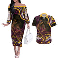 Personalized Brisbane Broncos Couples Matching Off The Shoulder Long Sleeve Dress and Hawaiian Shirt Aboriginal Dot Art - Dreamtime Rugby Mascot