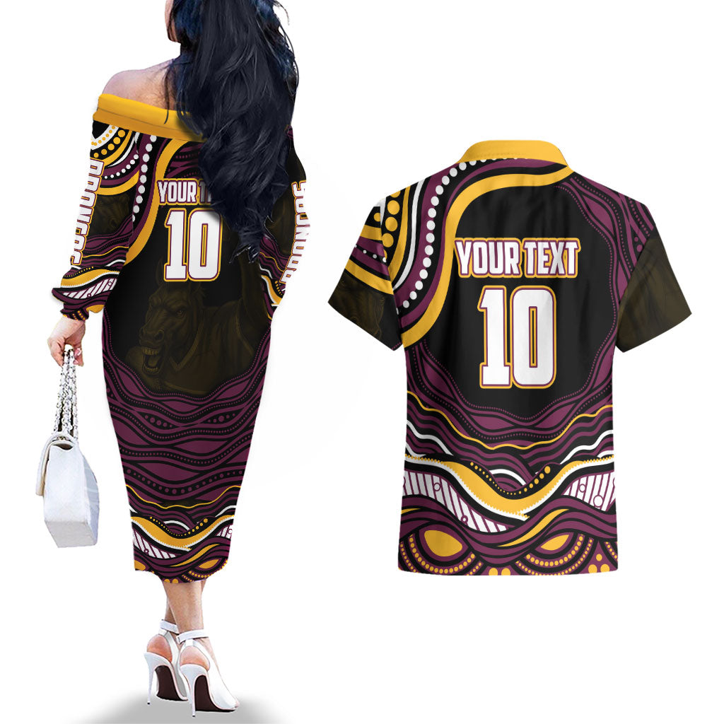 Personalized Brisbane Broncos Couples Matching Off The Shoulder Long Sleeve Dress and Hawaiian Shirt Aboriginal Dot Art - Dreamtime Rugby Mascot