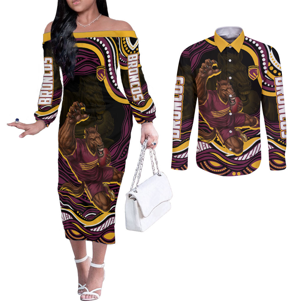 Personalized Brisbane Broncos Couples Matching Off The Shoulder Long Sleeve Dress and Long Sleeve Button Shirt Aboriginal Dot Art - Dreamtime Rugby Mascot
