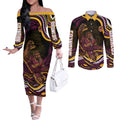 Personalized Brisbane Broncos Couples Matching Off The Shoulder Long Sleeve Dress and Long Sleeve Button Shirt Aboriginal Dot Art - Dreamtime Rugby Mascot