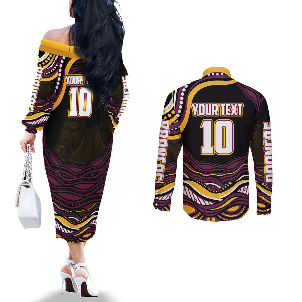 Personalized Brisbane Broncos Couples Matching Off The Shoulder Long Sleeve Dress and Long Sleeve Button Shirt Aboriginal Dot Art - Dreamtime Rugby Mascot