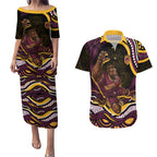 Personalized Brisbane Broncos Couples Matching Puletasi and Hawaiian Shirt Aboriginal Dot Art - Dreamtime Rugby Mascot