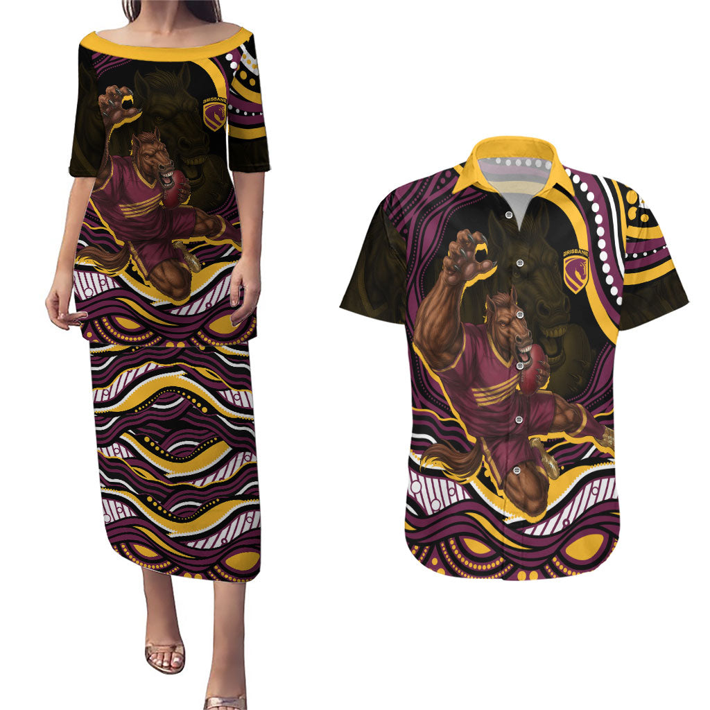 Personalized Brisbane Broncos Couples Matching Puletasi and Hawaiian Shirt Aboriginal Dot Art - Dreamtime Rugby Mascot