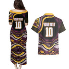 Personalized Brisbane Broncos Couples Matching Puletasi and Hawaiian Shirt Aboriginal Dot Art - Dreamtime Rugby Mascot