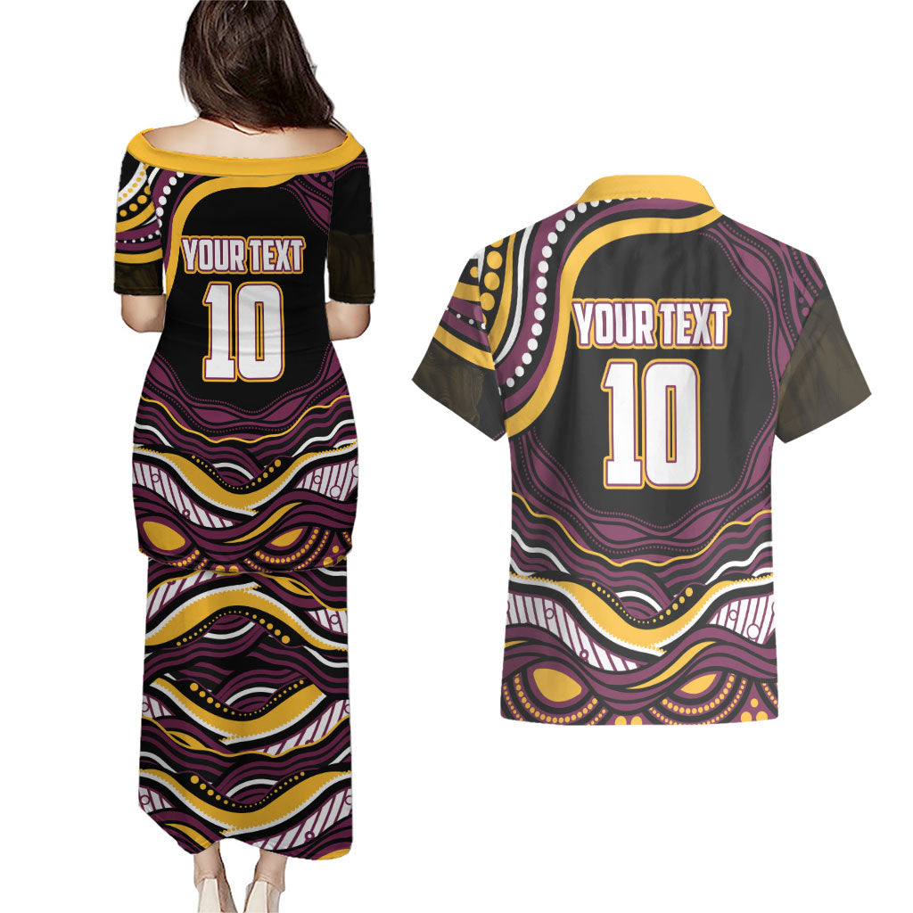 Personalized Brisbane Broncos Couples Matching Puletasi and Hawaiian Shirt Aboriginal Dot Art - Dreamtime Rugby Mascot