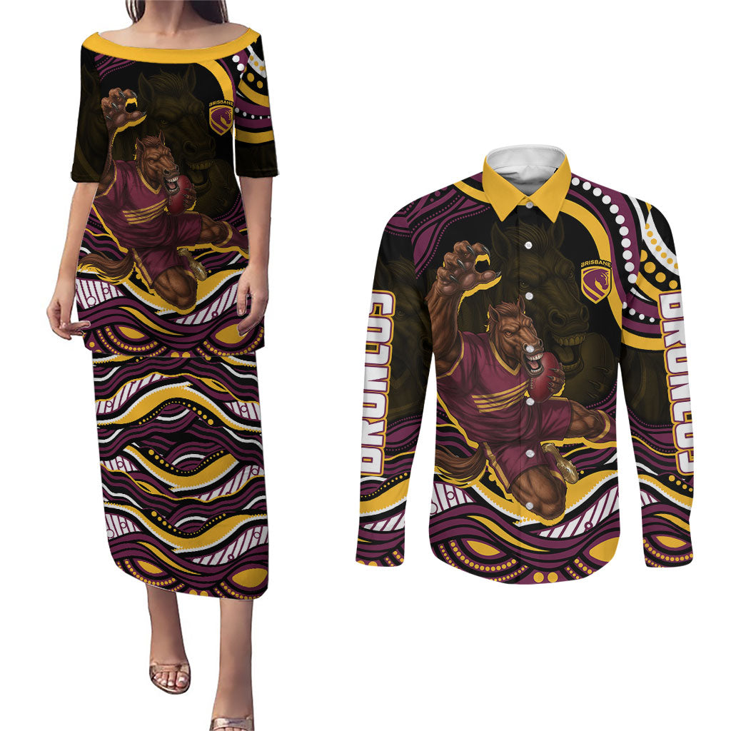Personalized Brisbane Broncos Couples Matching Puletasi and Long Sleeve Button Shirt Aboriginal Dot Art - Dreamtime Rugby Mascot