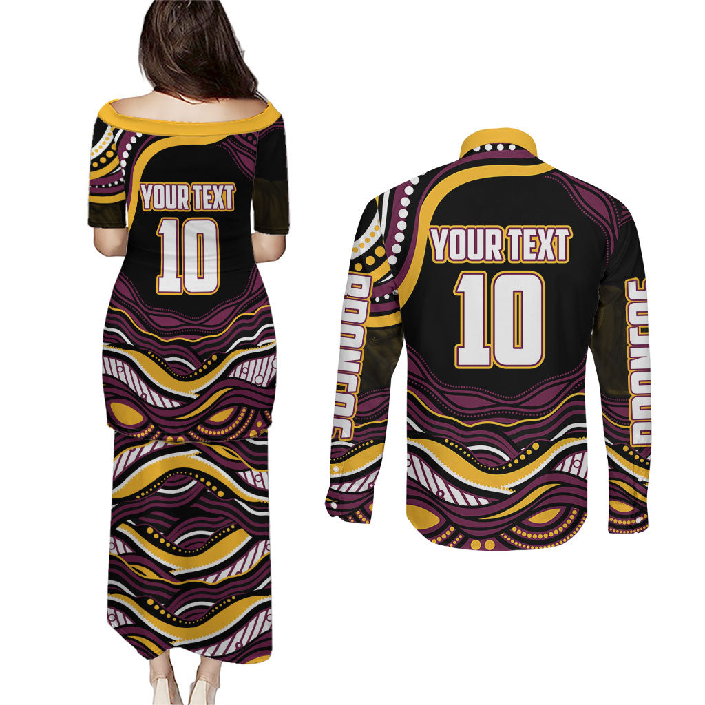 Personalized Brisbane Broncos Couples Matching Puletasi and Long Sleeve Button Shirt Aboriginal Dot Art - Dreamtime Rugby Mascot