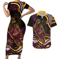 Personalized Brisbane Broncos Couples Matching Short Sleeve Bodycon Dress and Hawaiian Shirt Aboriginal Dot Art - Dreamtime Rugby Mascot