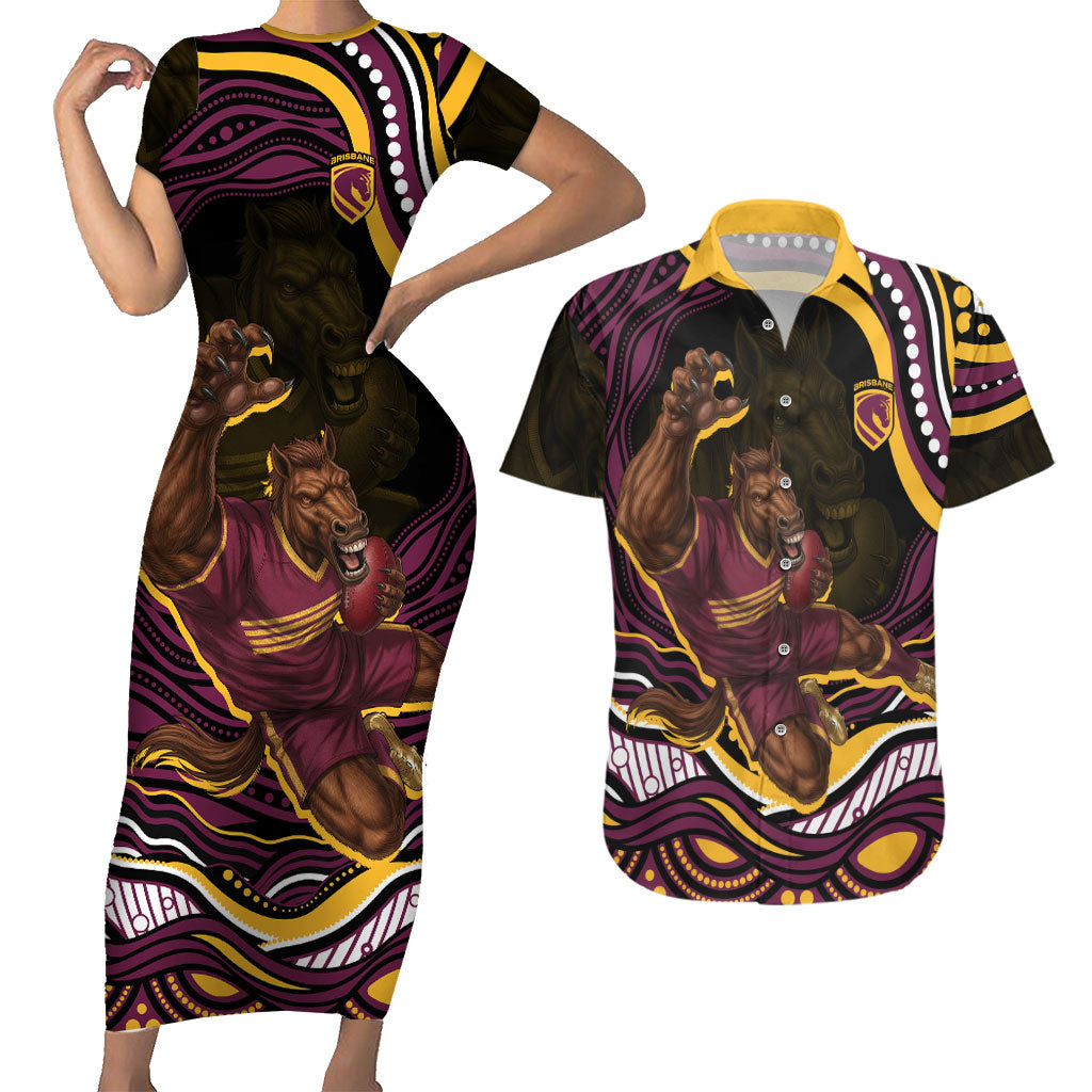 Personalized Brisbane Broncos Couples Matching Short Sleeve Bodycon Dress and Hawaiian Shirt Aboriginal Dot Art - Dreamtime Rugby Mascot