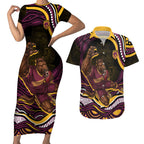 Personalized Brisbane Broncos Couples Matching Short Sleeve Bodycon Dress and Hawaiian Shirt Aboriginal Dot Art - Dreamtime Rugby Mascot