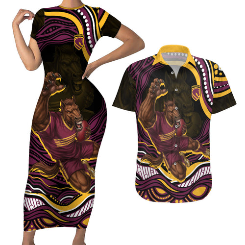 Personalized Brisbane Broncos Couples Matching Short Sleeve Bodycon Dress and Hawaiian Shirt Aboriginal Dot Art - Dreamtime Rugby Mascot