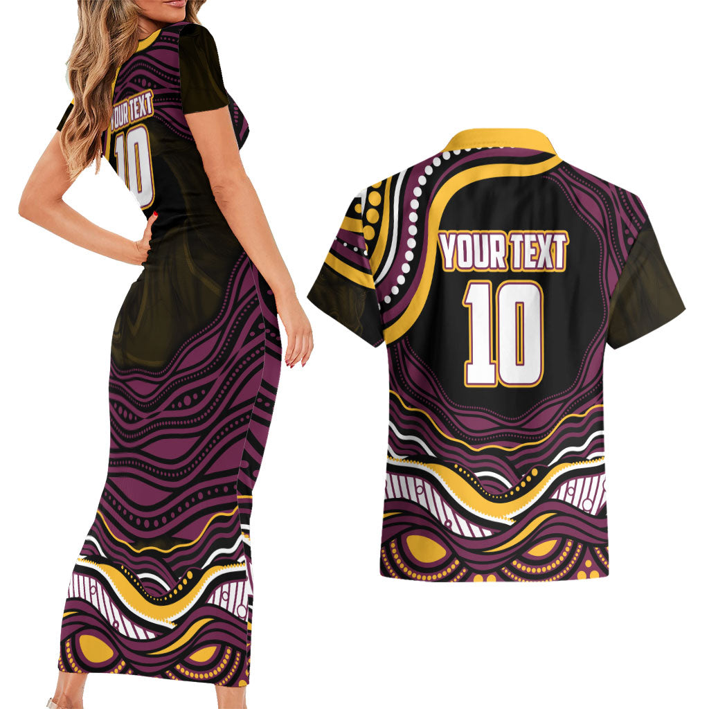 Personalized Brisbane Broncos Couples Matching Short Sleeve Bodycon Dress and Hawaiian Shirt Aboriginal Dot Art - Dreamtime Rugby Mascot
