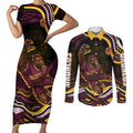 Personalized Brisbane Broncos Couples Matching Short Sleeve Bodycon Dress and Long Sleeve Button Shirt Aboriginal Dot Art - Dreamtime Rugby Mascot