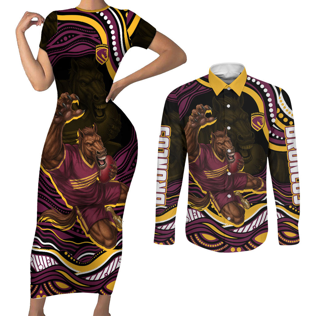 Personalized Brisbane Broncos Couples Matching Short Sleeve Bodycon Dress and Long Sleeve Button Shirt Aboriginal Dot Art - Dreamtime Rugby Mascot