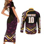 Personalized Brisbane Broncos Couples Matching Short Sleeve Bodycon Dress and Long Sleeve Button Shirt Aboriginal Dot Art - Dreamtime Rugby Mascot