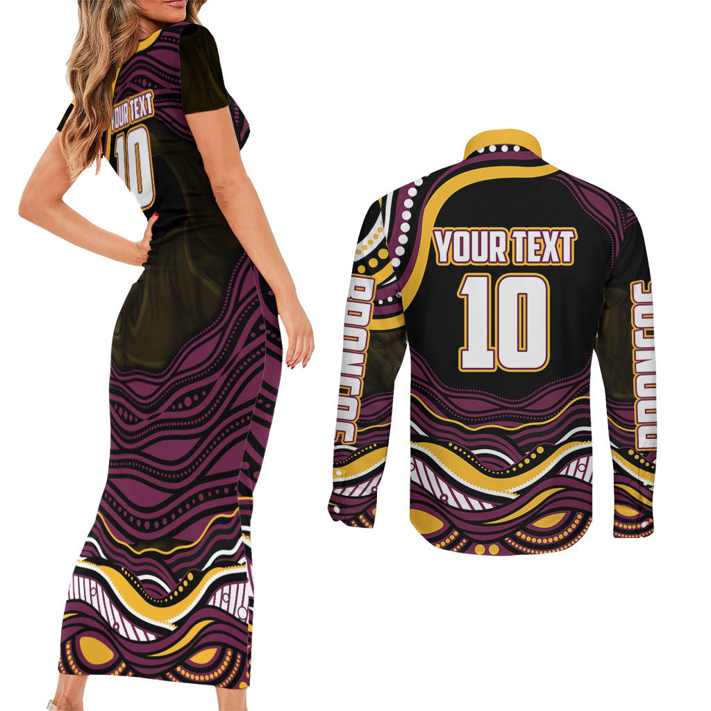 Personalized Brisbane Broncos Couples Matching Short Sleeve Bodycon Dress and Long Sleeve Button Shirt Aboriginal Dot Art - Dreamtime Rugby Mascot