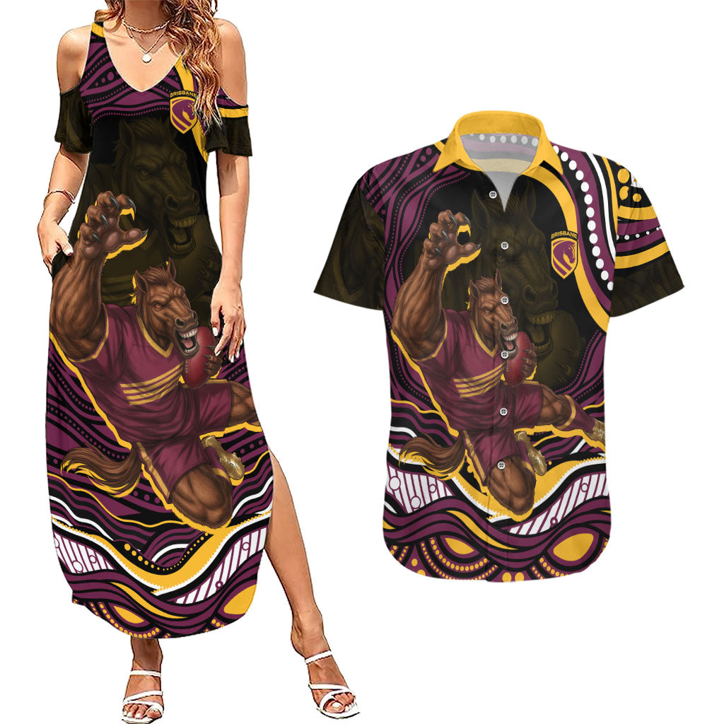 Personalized Brisbane Broncos Couples Matching Summer Maxi Dress and Hawaiian Shirt Aboriginal Dot Art - Dreamtime Rugby Mascot