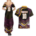 Personalized Brisbane Broncos Couples Matching Summer Maxi Dress and Hawaiian Shirt Aboriginal Dot Art - Dreamtime Rugby Mascot