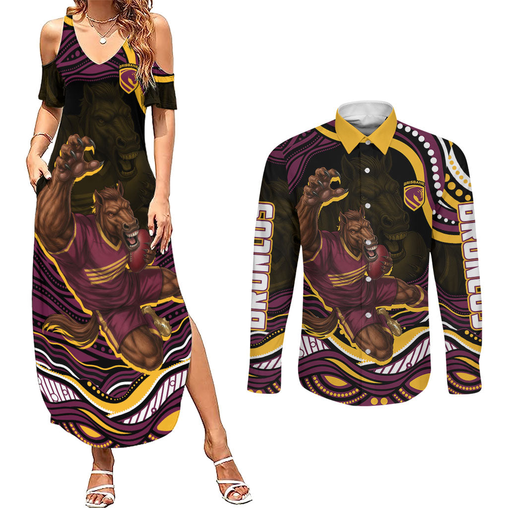 Personalized Brisbane Broncos Couples Matching Summer Maxi Dress and Long Sleeve Button Shirt Aboriginal Dot Art - Dreamtime Rugby Mascot