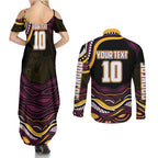 Personalized Brisbane Broncos Couples Matching Summer Maxi Dress and Long Sleeve Button Shirt Aboriginal Dot Art - Dreamtime Rugby Mascot