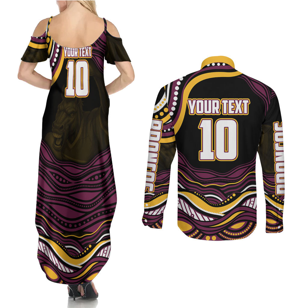 Personalized Brisbane Broncos Couples Matching Summer Maxi Dress and Long Sleeve Button Shirt Aboriginal Dot Art - Dreamtime Rugby Mascot