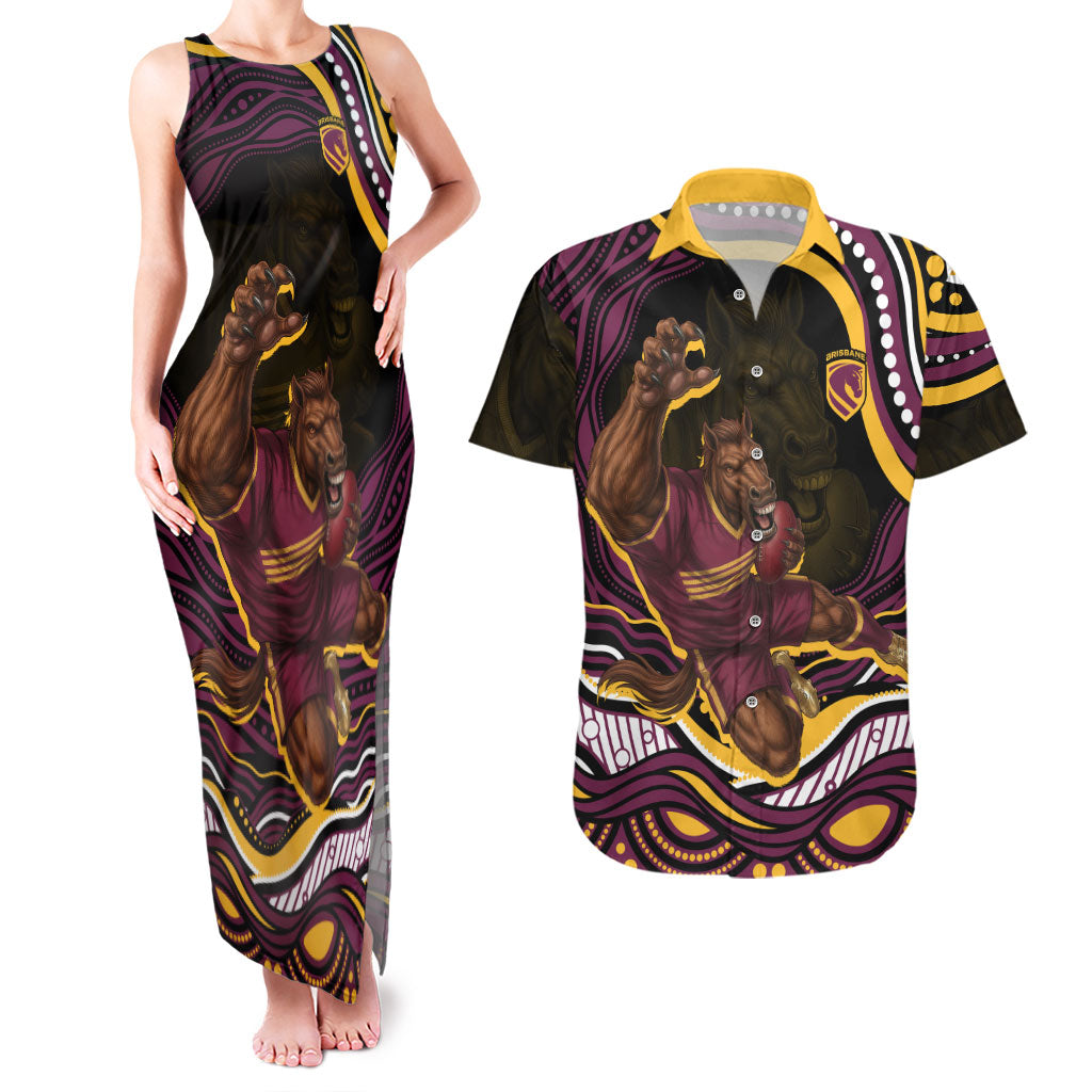 Personalized Brisbane Broncos Couples Matching Tank Maxi Dress and Hawaiian Shirt Aboriginal Dot Art - Dreamtime Rugby Mascot