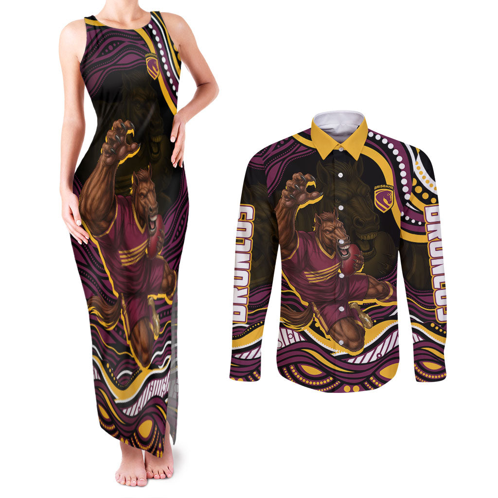 Personalized Brisbane Broncos Couples Matching Tank Maxi Dress and Long Sleeve Button Shirt Aboriginal Dot Art - Dreamtime Rugby Mascot