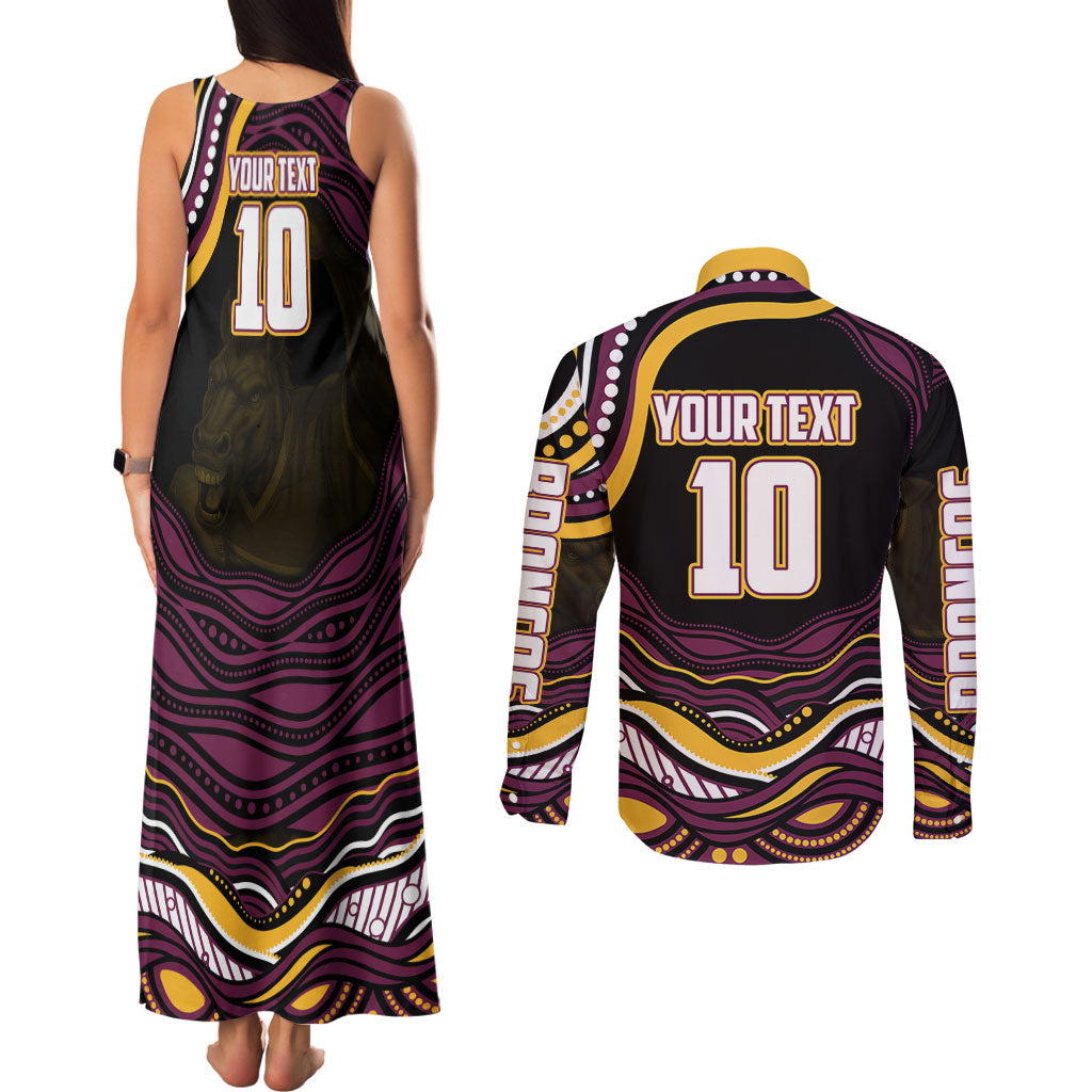 Personalized Brisbane Broncos Couples Matching Tank Maxi Dress and Long Sleeve Button Shirt Aboriginal Dot Art - Dreamtime Rugby Mascot