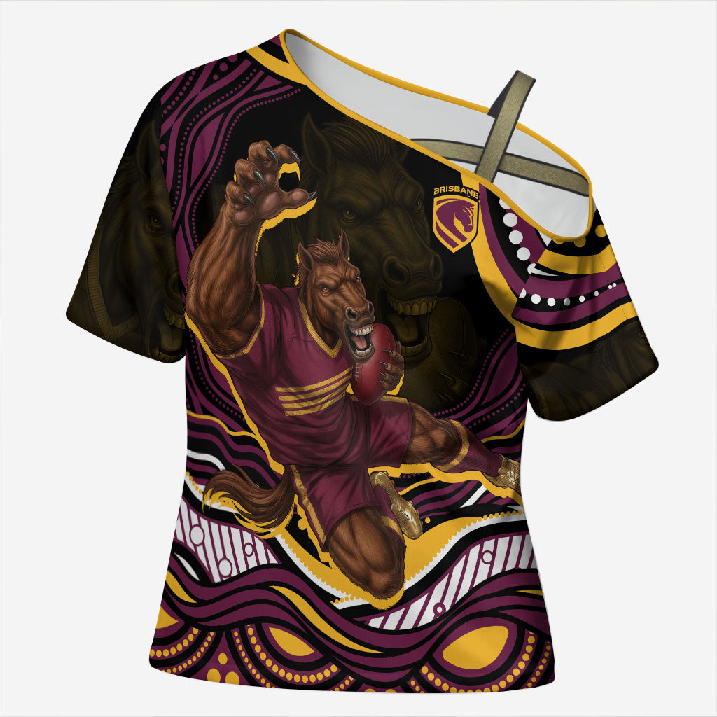 Personalized Brisbane Broncos Cross Shoulder Shirt Aboriginal Dot Art - Dreamtime Rugby Mascot