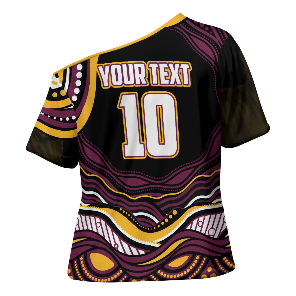 Personalized Brisbane Broncos Cross Shoulder Shirt Aboriginal Dot Art - Dreamtime Rugby Mascot