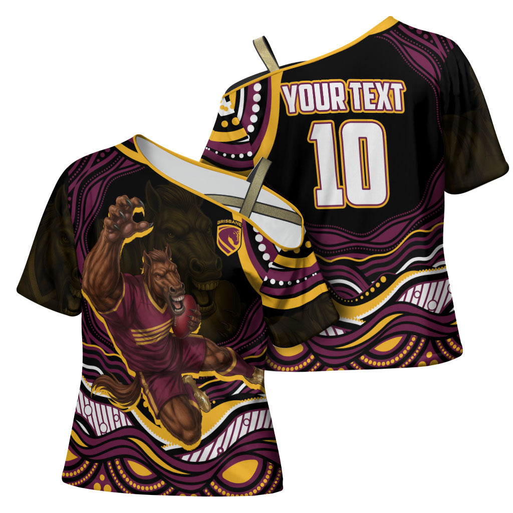 Personalized Brisbane Broncos Cross Shoulder Shirt Aboriginal Dot Art - Dreamtime Rugby Mascot