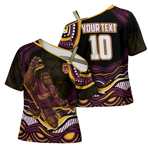 Personalized Brisbane Broncos Cross Shoulder Shirt Aboriginal Dot Art - Dreamtime Rugby Mascot