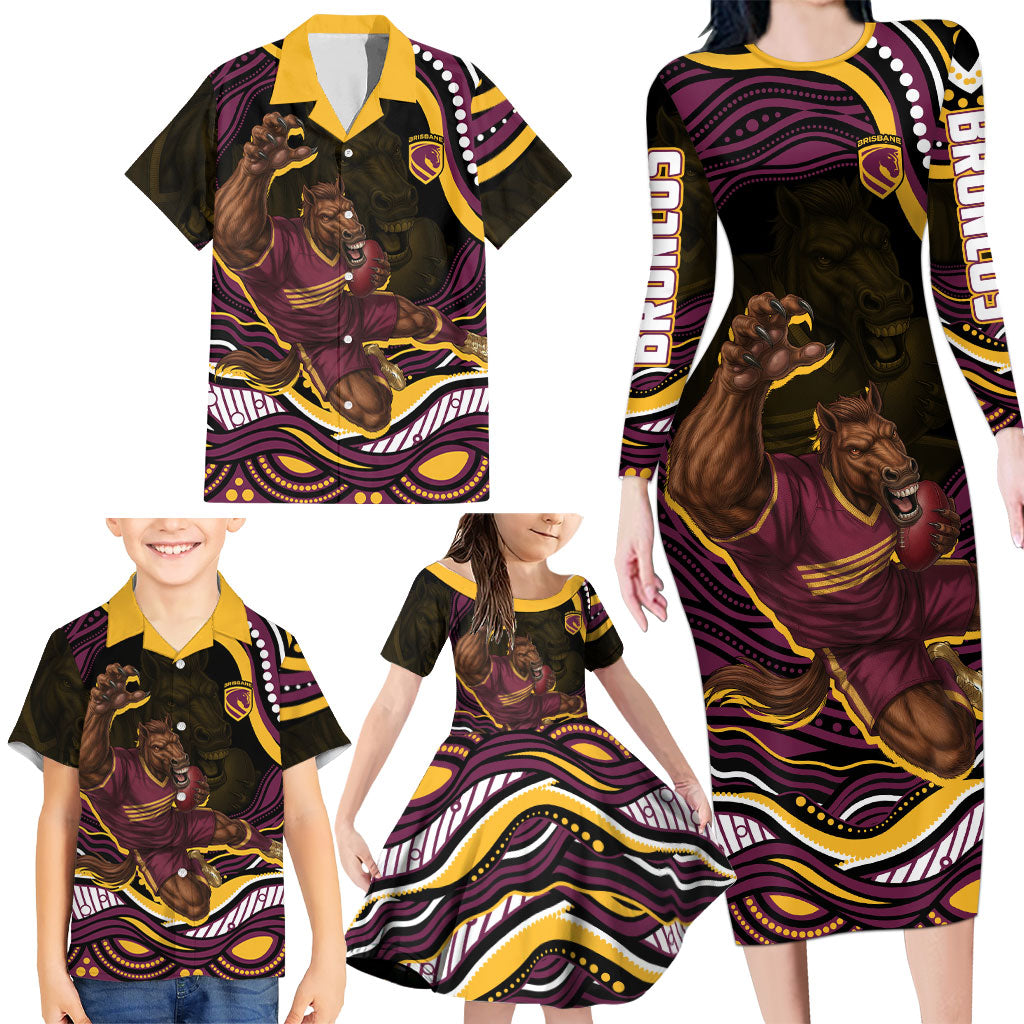 Personalized Brisbane Broncos Family Matching Long Sleeve Bodycon Dress and Hawaiian Shirt Aboriginal Dot Art - Dreamtime Rugby Mascot