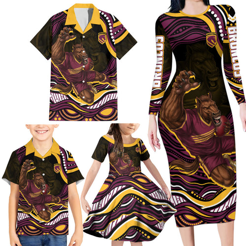Personalized Brisbane Broncos Family Matching Long Sleeve Bodycon Dress and Hawaiian Shirt Aboriginal Dot Art - Dreamtime Rugby Mascot
