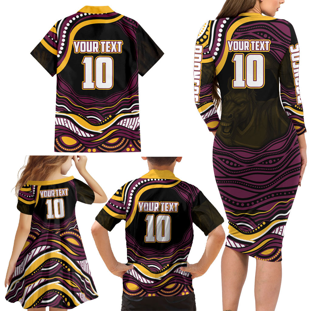Personalized Brisbane Broncos Family Matching Long Sleeve Bodycon Dress and Hawaiian Shirt Aboriginal Dot Art - Dreamtime Rugby Mascot