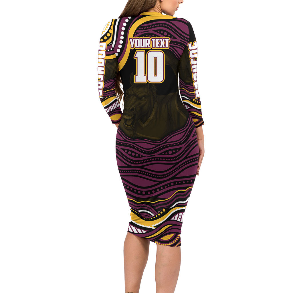 Personalized Brisbane Broncos Family Matching Long Sleeve Bodycon Dress and Hawaiian Shirt Aboriginal Dot Art - Dreamtime Rugby Mascot