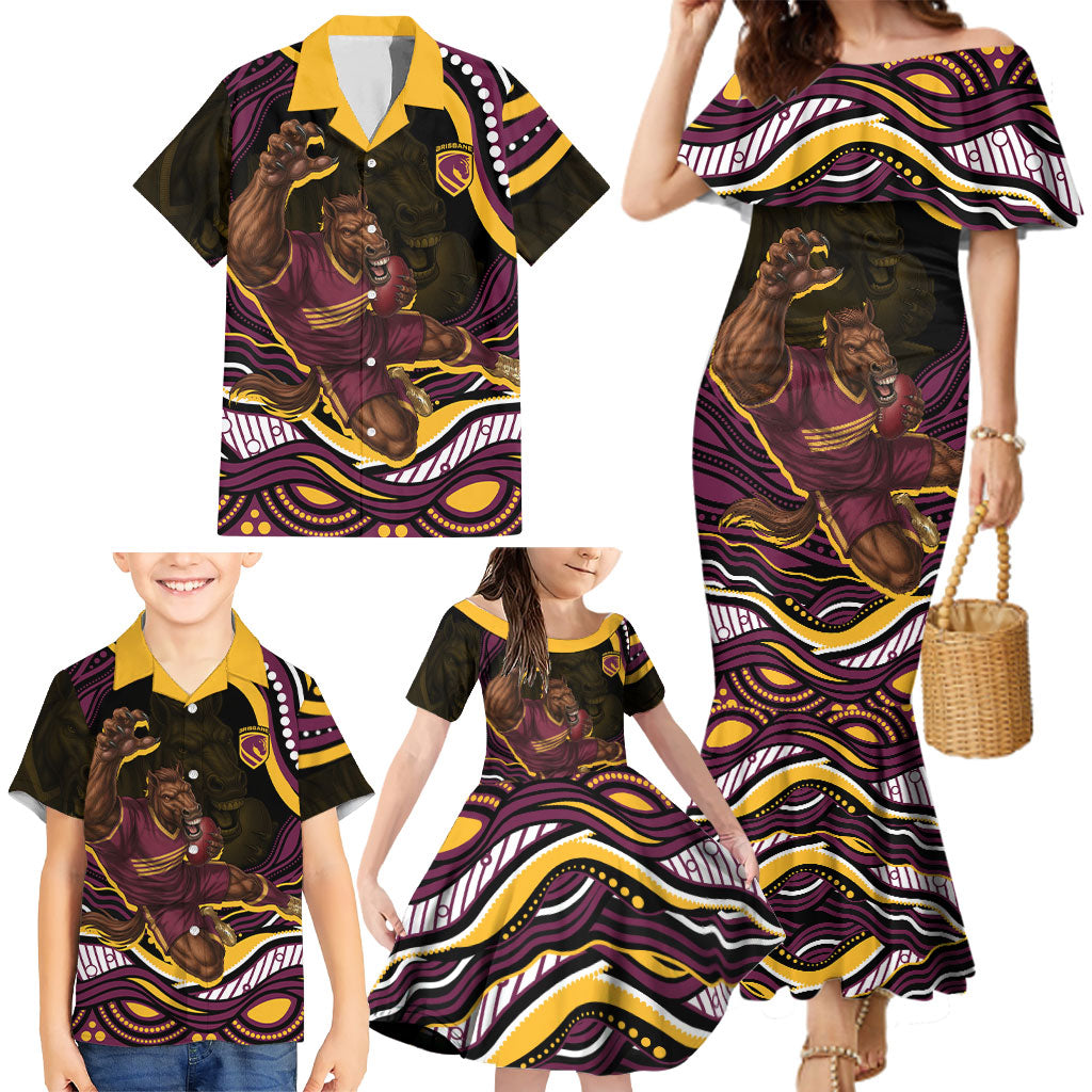 Personalized Brisbane Broncos Family Matching Mermaid Dress and Hawaiian Shirt Aboriginal Dot Art - Dreamtime Rugby Mascot