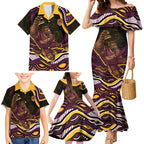 Personalized Brisbane Broncos Family Matching Mermaid Dress and Hawaiian Shirt Aboriginal Dot Art - Dreamtime Rugby Mascot