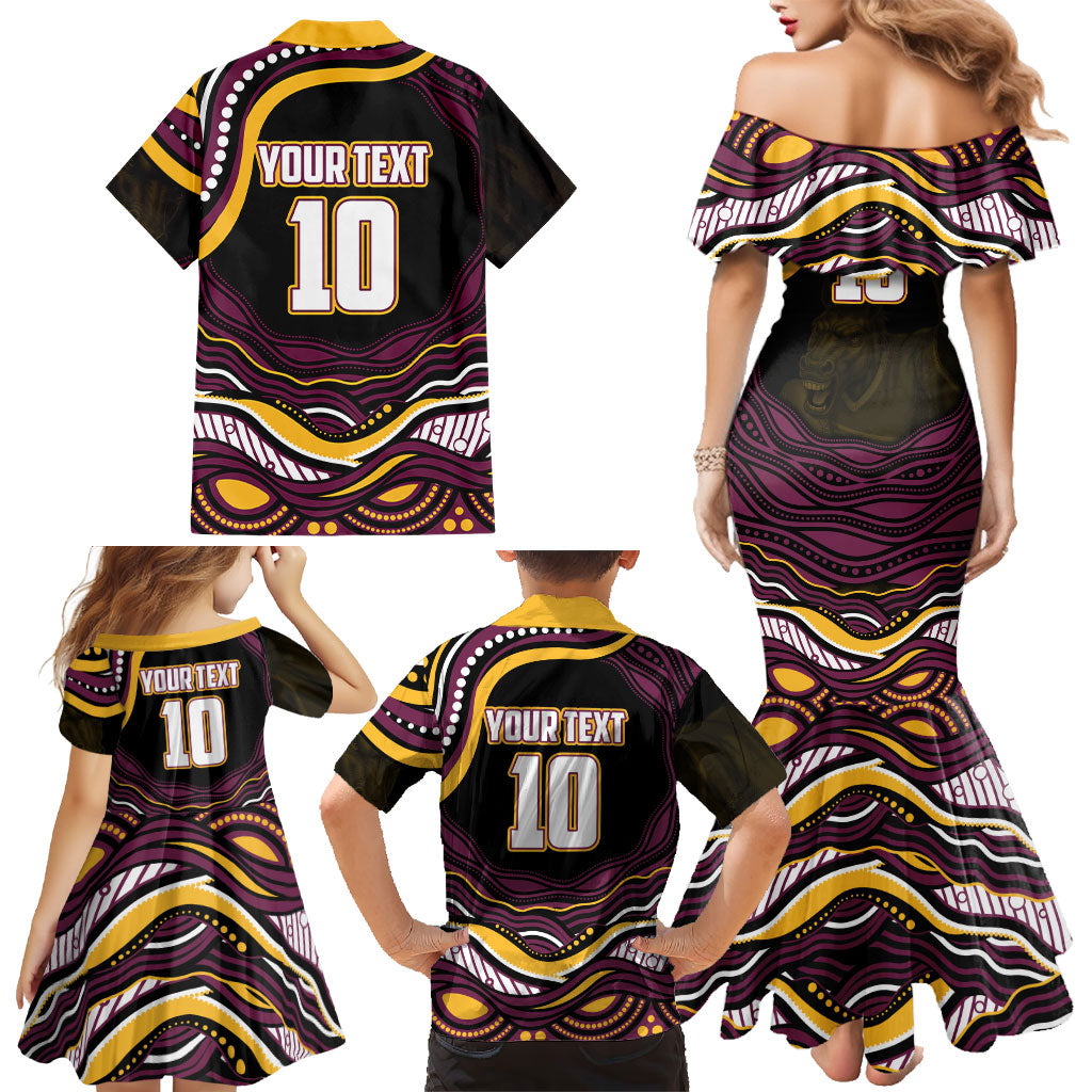 Personalized Brisbane Broncos Family Matching Mermaid Dress and Hawaiian Shirt Aboriginal Dot Art - Dreamtime Rugby Mascot