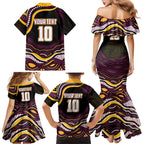 Personalized Brisbane Broncos Family Matching Mermaid Dress and Hawaiian Shirt Aboriginal Dot Art - Dreamtime Rugby Mascot