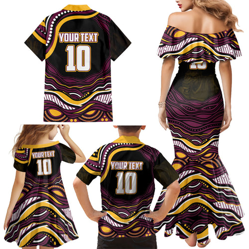 Personalized Brisbane Broncos Family Matching Mermaid Dress and Hawaiian Shirt Aboriginal Dot Art - Dreamtime Rugby Mascot