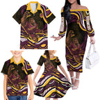 Personalized Brisbane Broncos Family Matching Off The Shoulder Long Sleeve Dress and Hawaiian Shirt Aboriginal Dot Art - Dreamtime Rugby Mascot