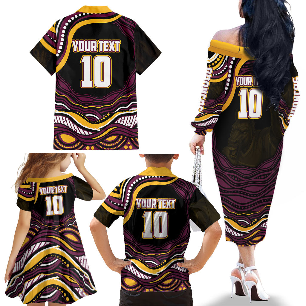Personalized Brisbane Broncos Family Matching Off The Shoulder Long Sleeve Dress and Hawaiian Shirt Aboriginal Dot Art - Dreamtime Rugby Mascot