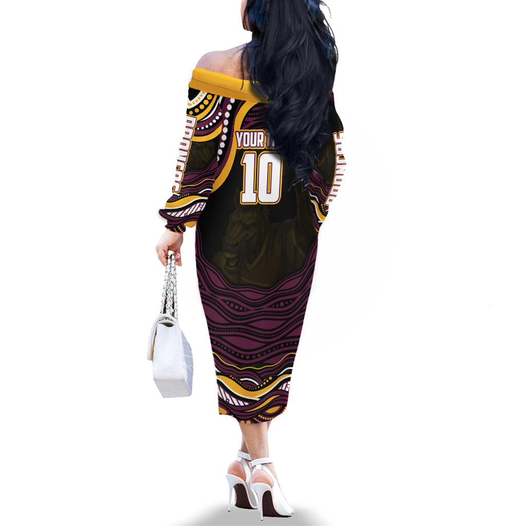 Personalized Brisbane Broncos Family Matching Off The Shoulder Long Sleeve Dress and Hawaiian Shirt Aboriginal Dot Art - Dreamtime Rugby Mascot