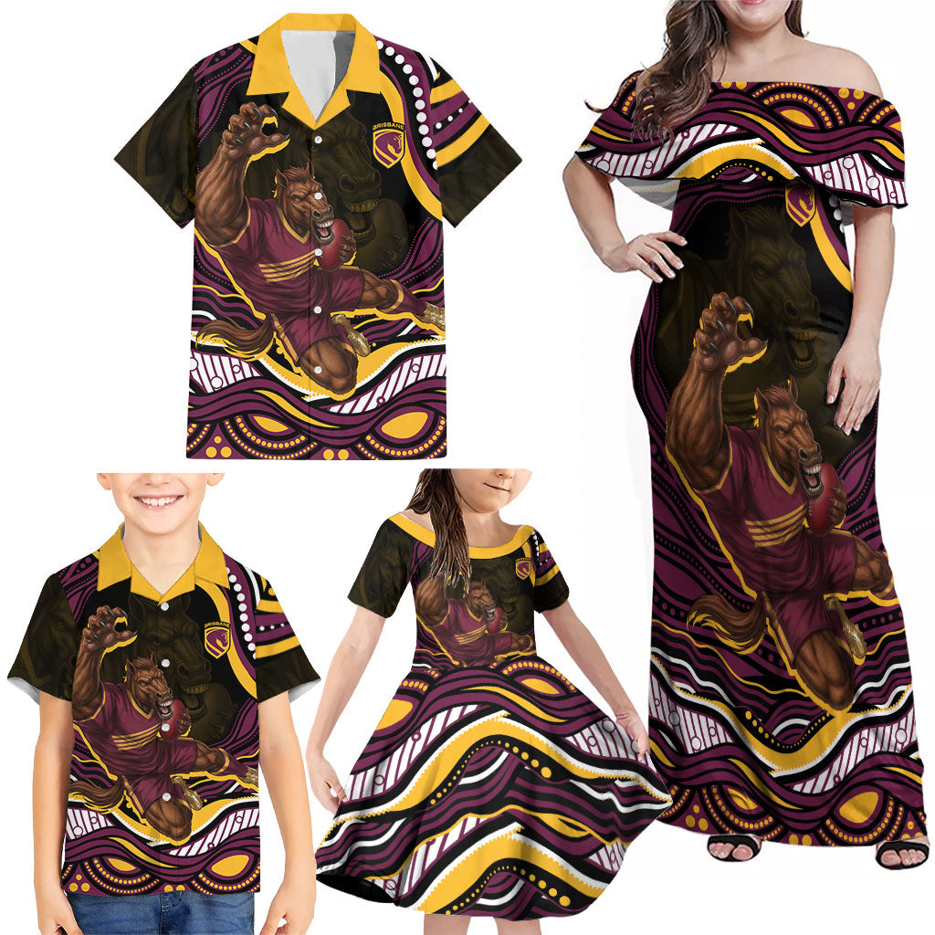 Personalized Brisbane Broncos Family Matching Off Shoulder Maxi Dress and Hawaiian Shirt Aboriginal Dot Art - Dreamtime Rugby Mascot