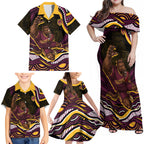 Personalized Brisbane Broncos Family Matching Off Shoulder Maxi Dress and Hawaiian Shirt Aboriginal Dot Art - Dreamtime Rugby Mascot