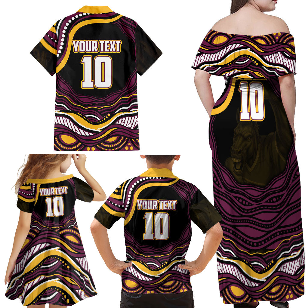 Personalized Brisbane Broncos Family Matching Off Shoulder Maxi Dress and Hawaiian Shirt Aboriginal Dot Art - Dreamtime Rugby Mascot