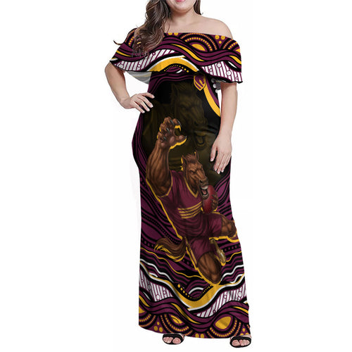Personalized Brisbane Broncos Family Matching Off Shoulder Maxi Dress and Hawaiian Shirt Aboriginal Dot Art - Dreamtime Rugby Mascot